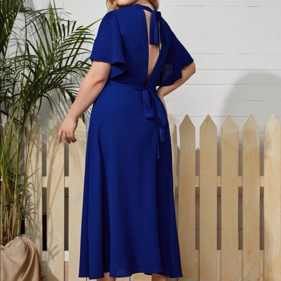 Black plus size ruffle sleeves embroidered belted dress - Picture 12 of 16